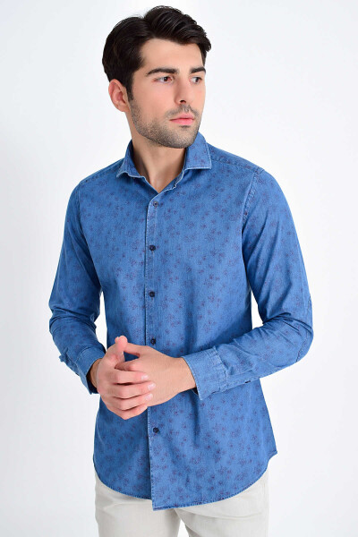 Desenli Slim Fit Lacivert Gömlek - 3