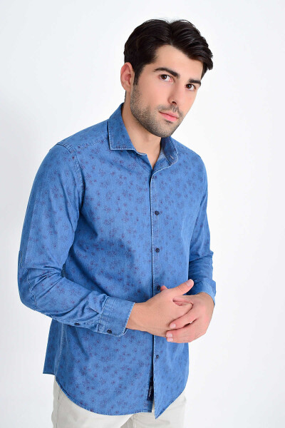 Desenli Slim Fit Lacivert Gömlek - 1