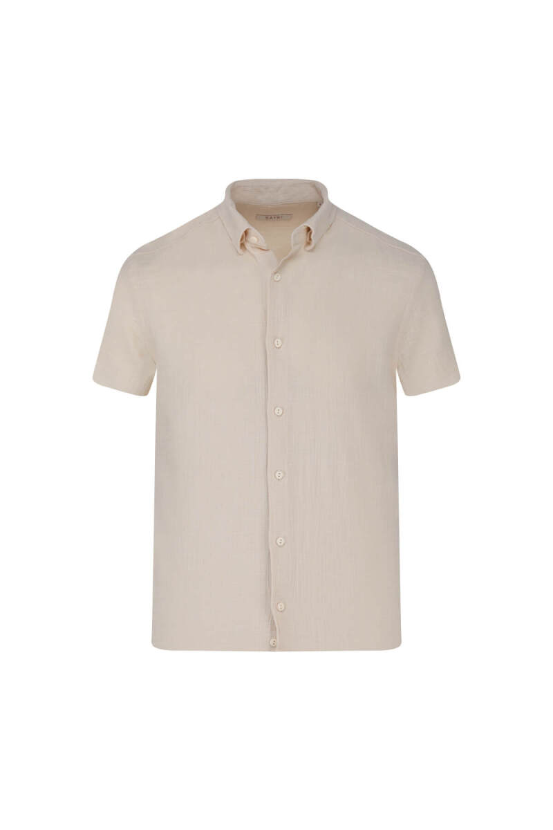 Ekru Comfort Fit 100% Pamuk Gizli Düğmeli Yaka Kısa Kollu Gömlek - Saykı