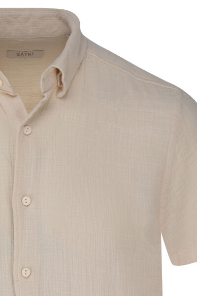 Ekru Comfort Fit 100% Pamuk Gizli Düğmeli Yaka Kısa Kollu Gömlek - 2