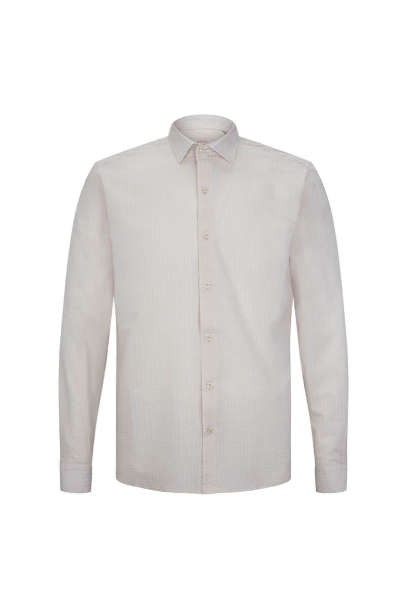 Ekru Comfort Fit 100% Pamuk Slim Yaka Uzun Kollu Spor Gömlek - Saykı