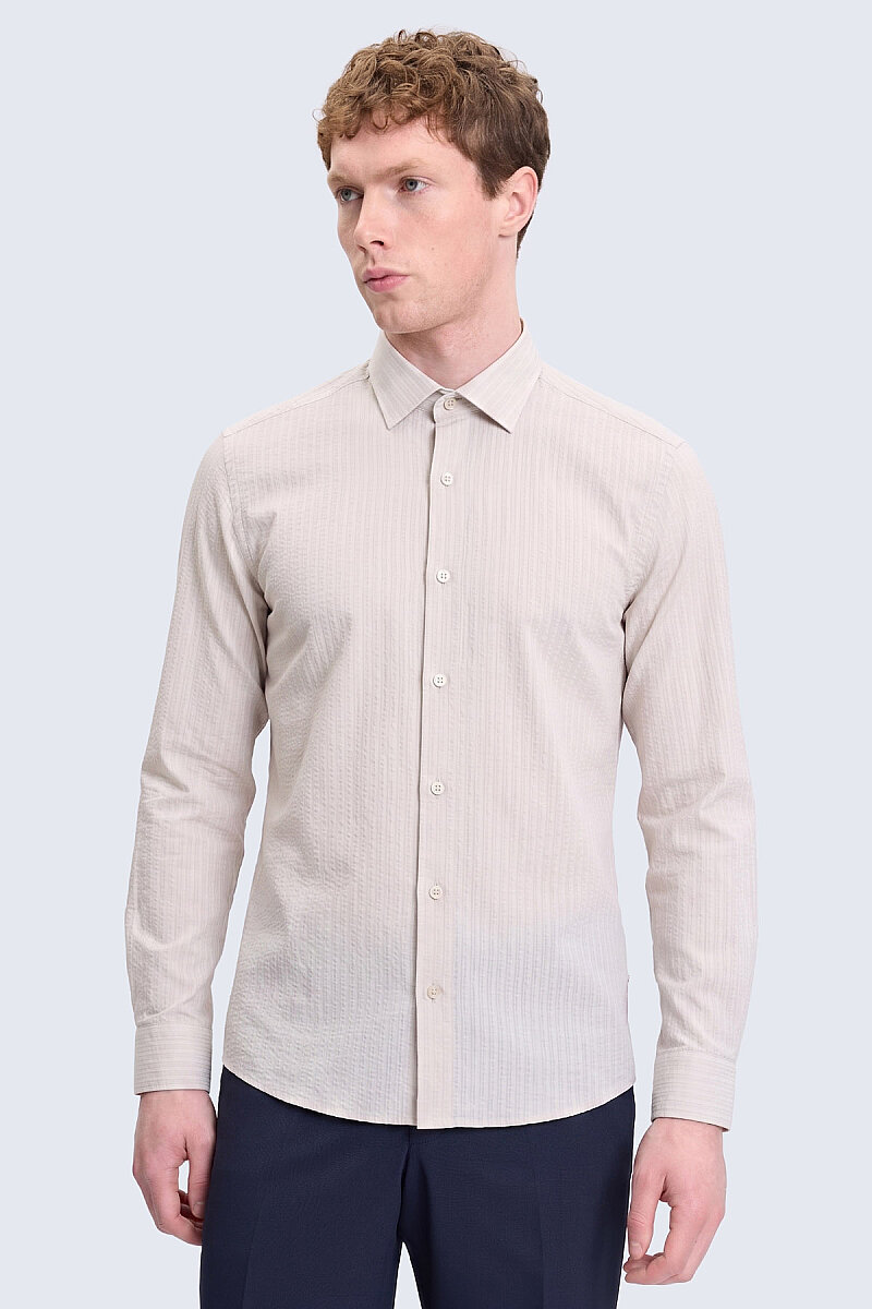 Ekru Comfort Fit 100% Pamuk Slim Yaka Uzun Kollu Spor Gömlek