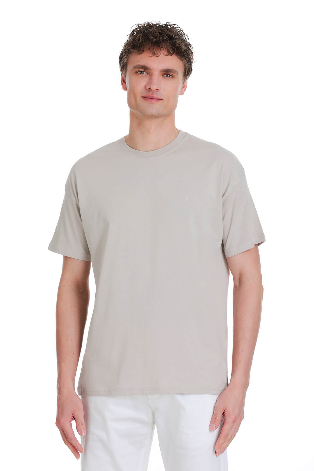 Ekru Regular Fit 100% Pamuk Bisiklet Yaka Oversize Tişört - 1