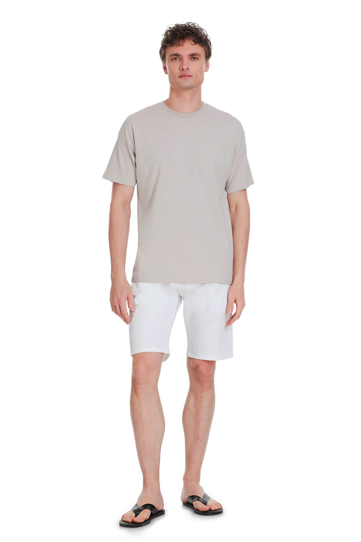 Ekru Regular Fit 100% Pamuk Bisiklet Yaka Oversize Tişört - 2