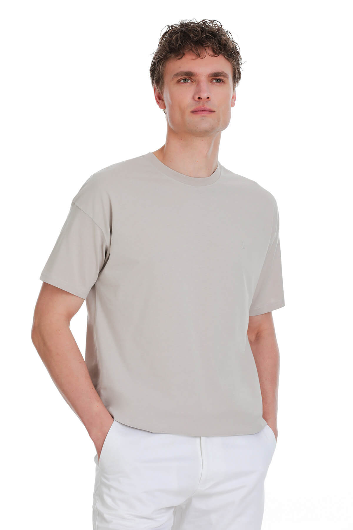 Ekru Regular Fit 100% Pamuk Bisiklet Yaka Oversize Tişört - 3