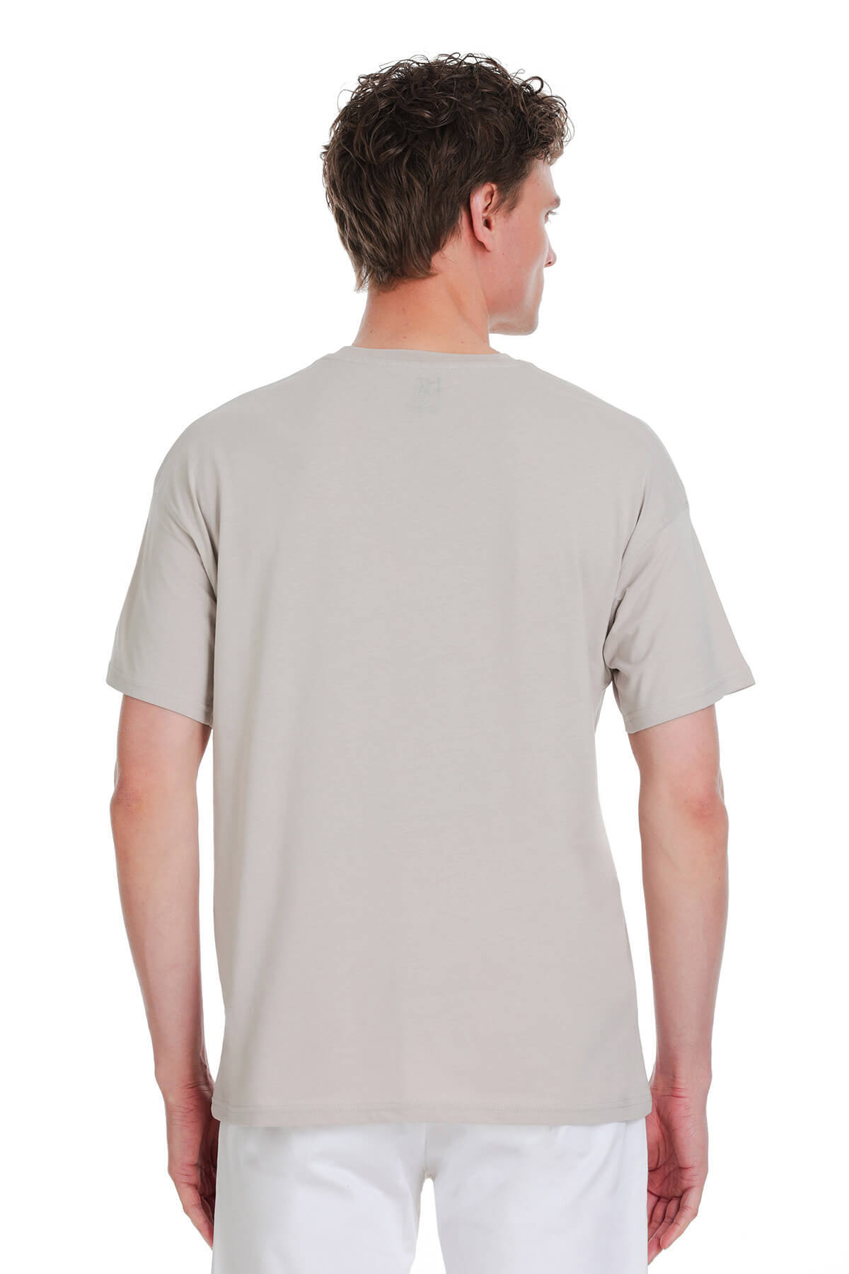 Ekru Regular Fit 100% Pamuk Bisiklet Yaka Oversize Tişört - 5