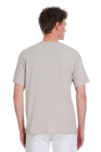 Ekru Regular Fit 100% Pamuk Bisiklet Yaka Oversize Tişört - 5