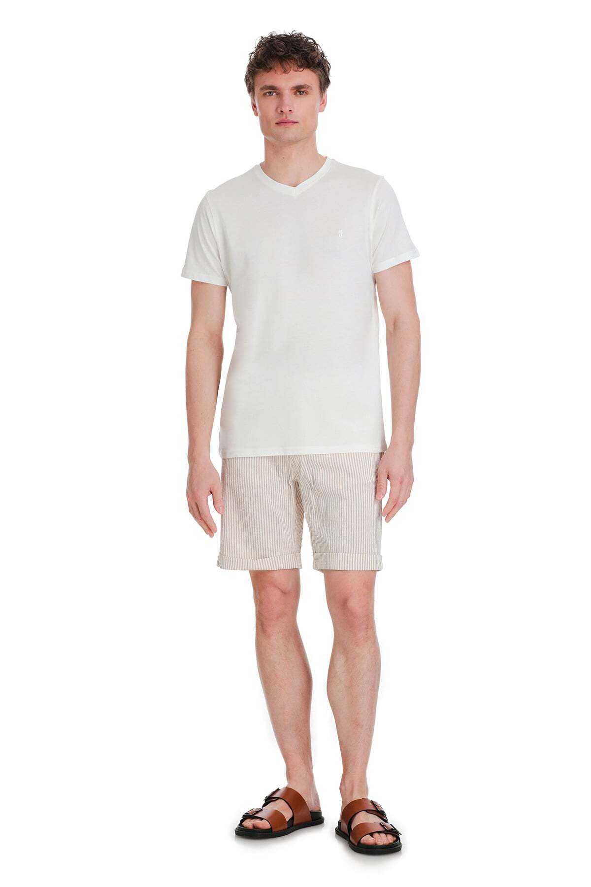 Ekru Regular Fit 100% Pamuk V Yaka Tişört - 2