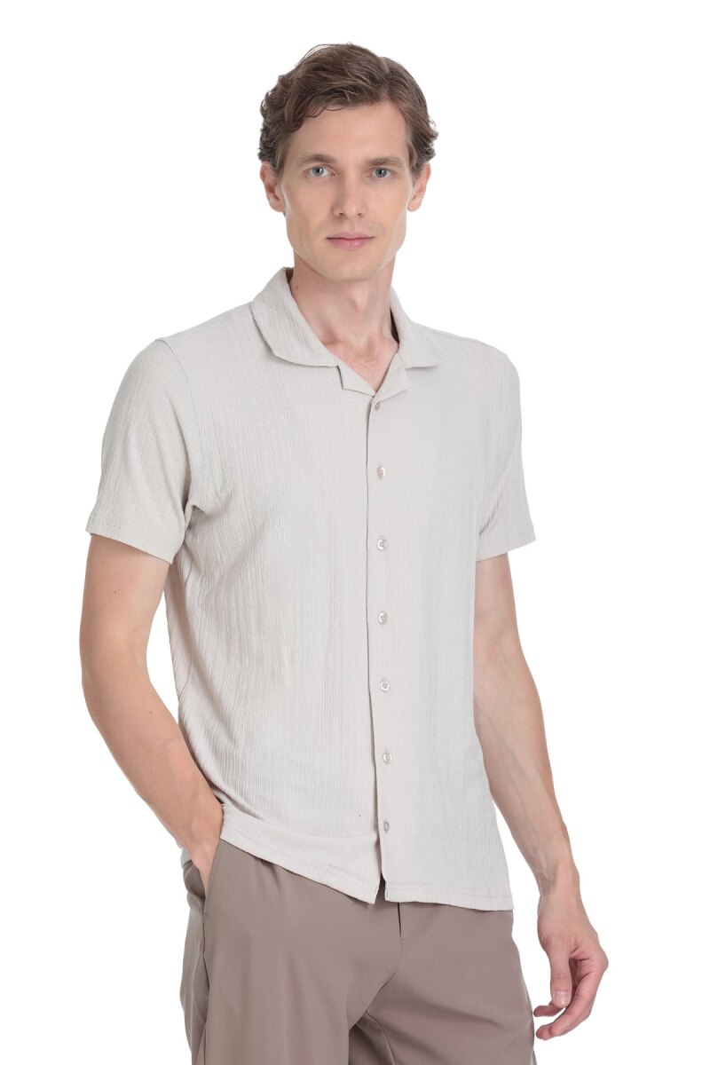 Ekru Regular Fit Apaş Yaka Gömlek - Saykı
