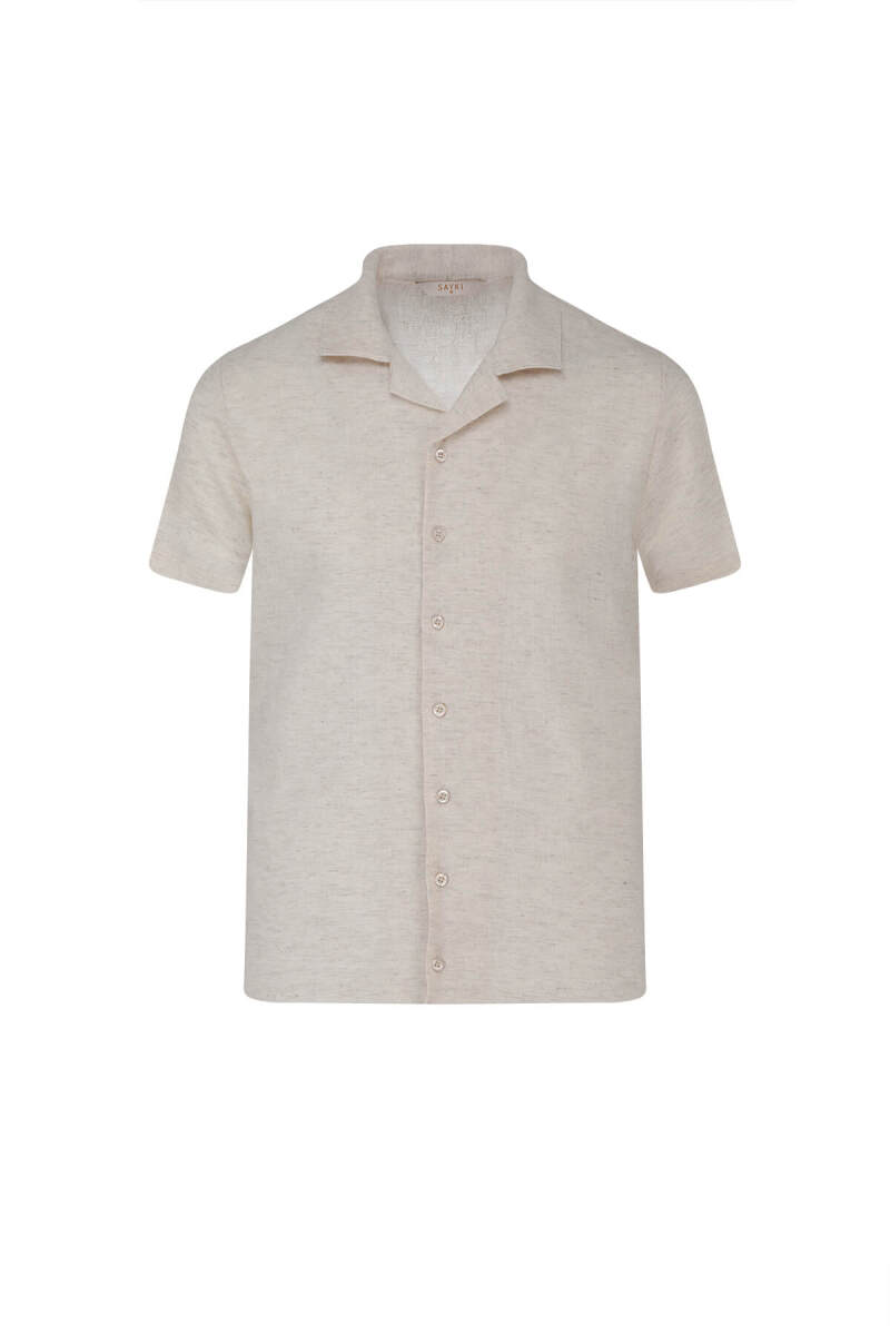 Ekru Regular Fit Apaş Yaka Keten Gömlek - Saykı