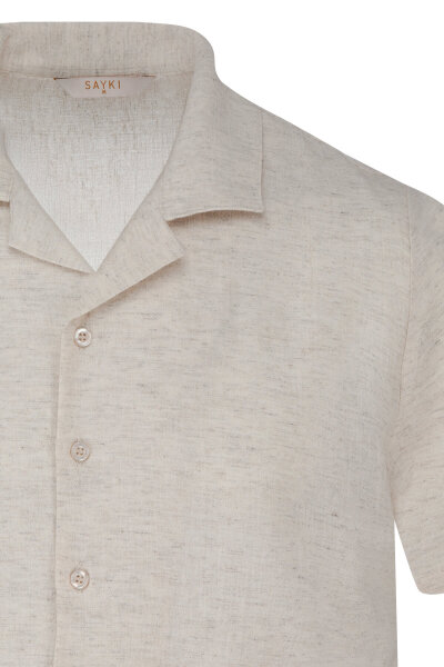 Ekru Regular Fit Apaş Yaka Keten Gömlek - 2