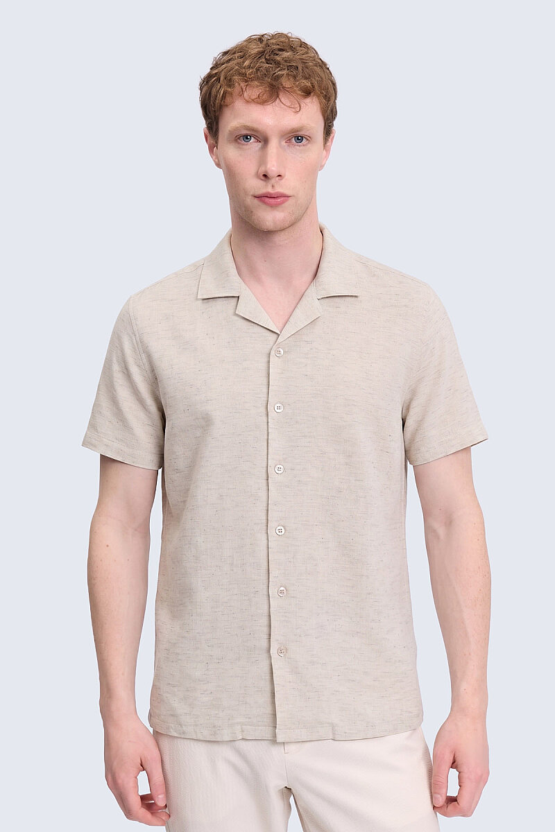 Ekru Regular Fit Apaş Yaka Keten Gömlek