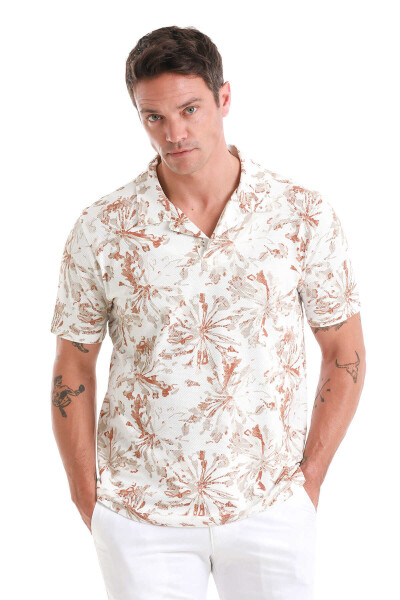 Ekru Regular Fit Baskılı Polo Yaka Pamuklu Tişört - 6