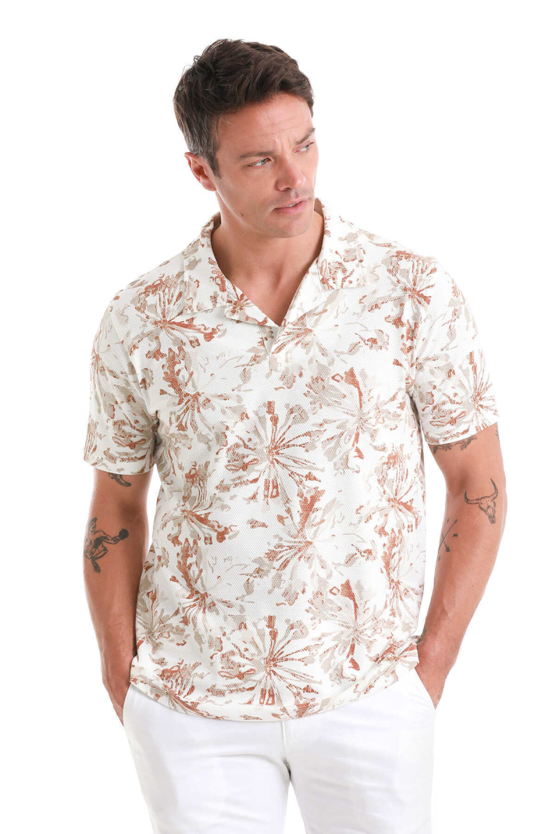 Ekru Regular Fit Baskılı Polo Yaka Pamuklu Tişört - Hatem Saykı (1)