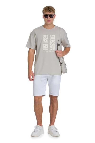 Ekru Regular Fit Bisiklet Yaka Oversize Tişört - 2