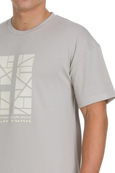 Ekru Regular Fit Bisiklet Yaka Oversize Tişört - 4