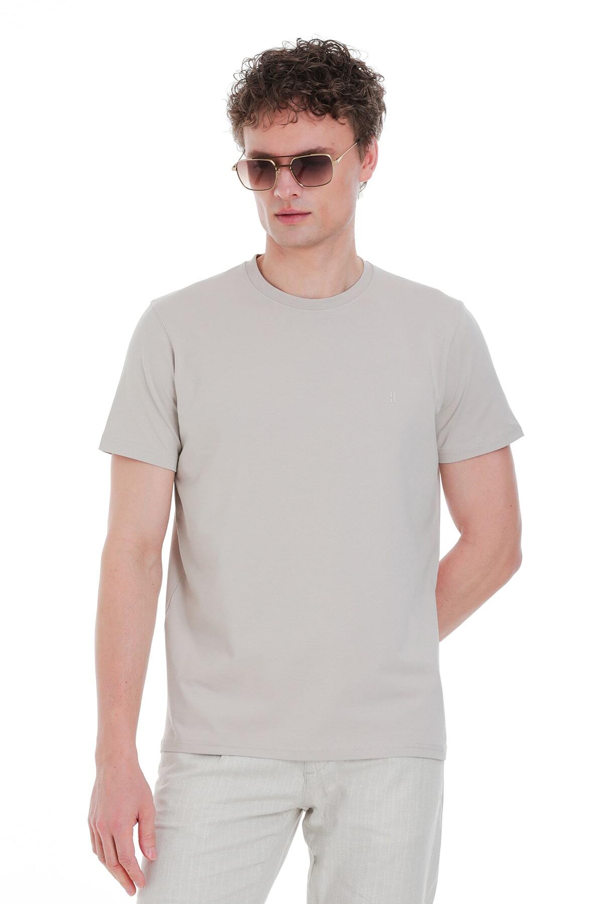 Ekru Regular Fit Bisiklet Yaka Pamuklu Tişört - 1