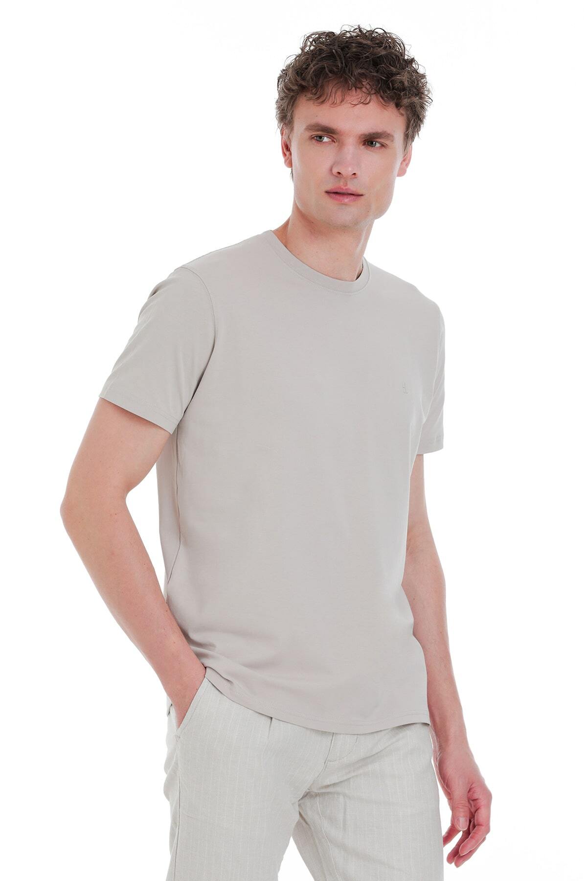 Ekru Regular Fit Bisiklet Yaka Pamuklu Tişört - 3