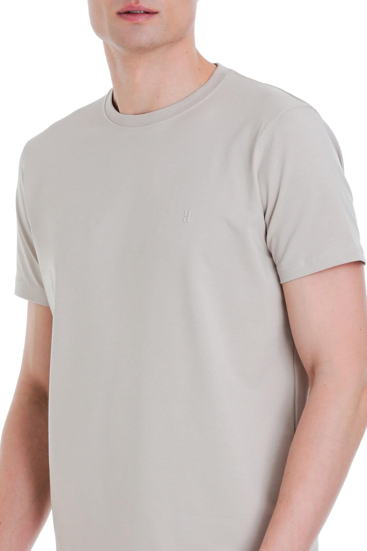 Ekru Regular Fit Bisiklet Yaka Pamuklu Tişört - 4