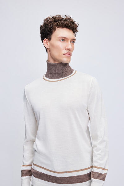 Ekru Regular Fit Çizgili Balıkçı Yaka Yünlü Triko Kazak - 2
