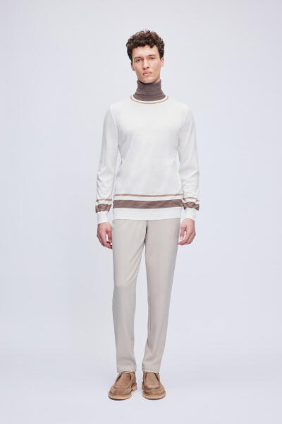 Ekru Regular Fit Çizgili Balıkçı Yaka Yünlü Triko Kazak - 3