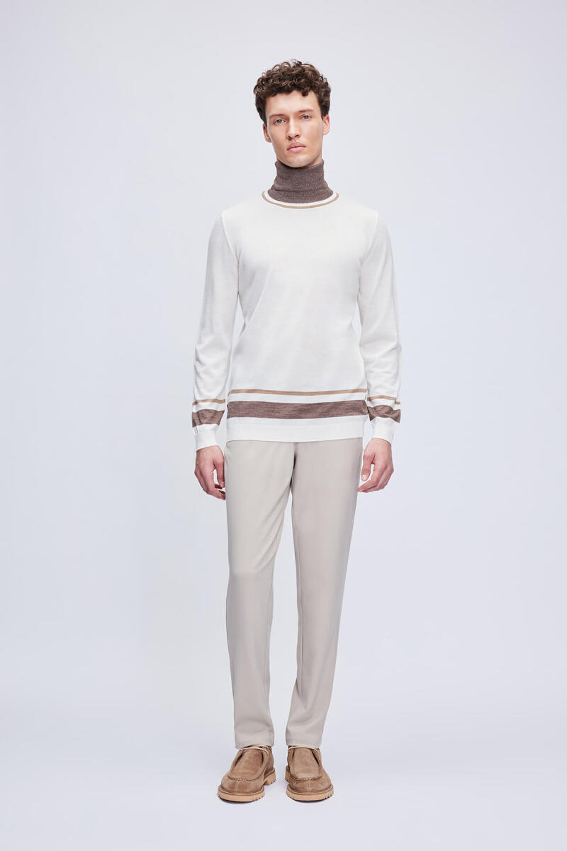 Ekru Regular Fit Çizgili Balıkçı Yaka Yünlü Triko Kazak - Hatem Saykı (1)
