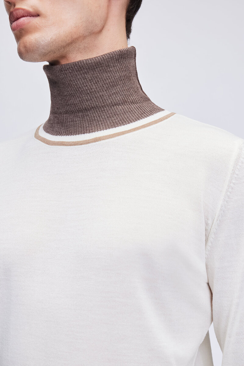 Ekru Regular Fit Çizgili Balıkçı Yaka Yünlü Triko Kazak - Hatem Saykı (1)