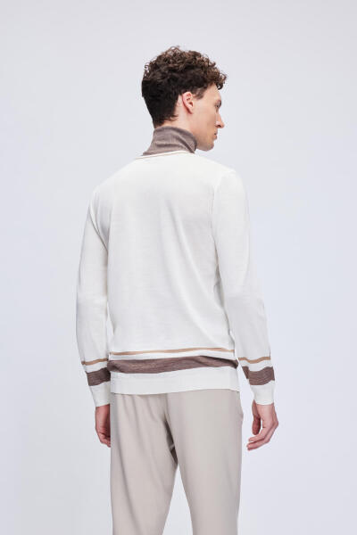 Ekru Regular Fit Çizgili Balıkçı Yaka Yünlü Triko Kazak - 5