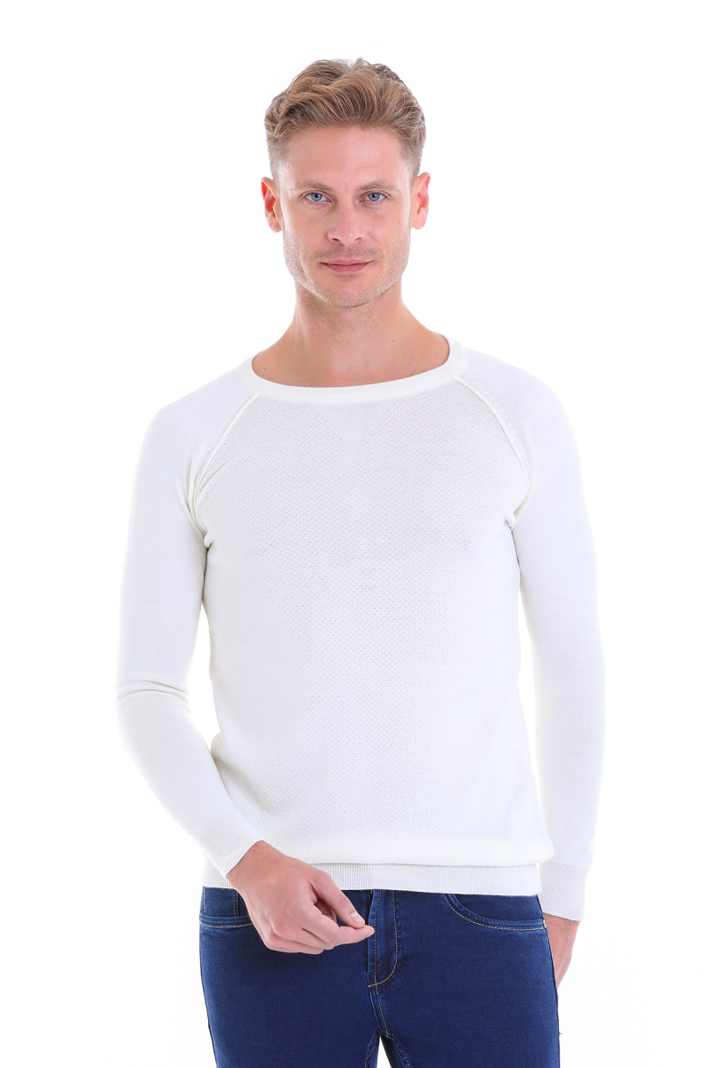 Ekru Regular Fit Desenli Bisiklet Yaka Yünlü Triko Kazak - Hatemoğlu