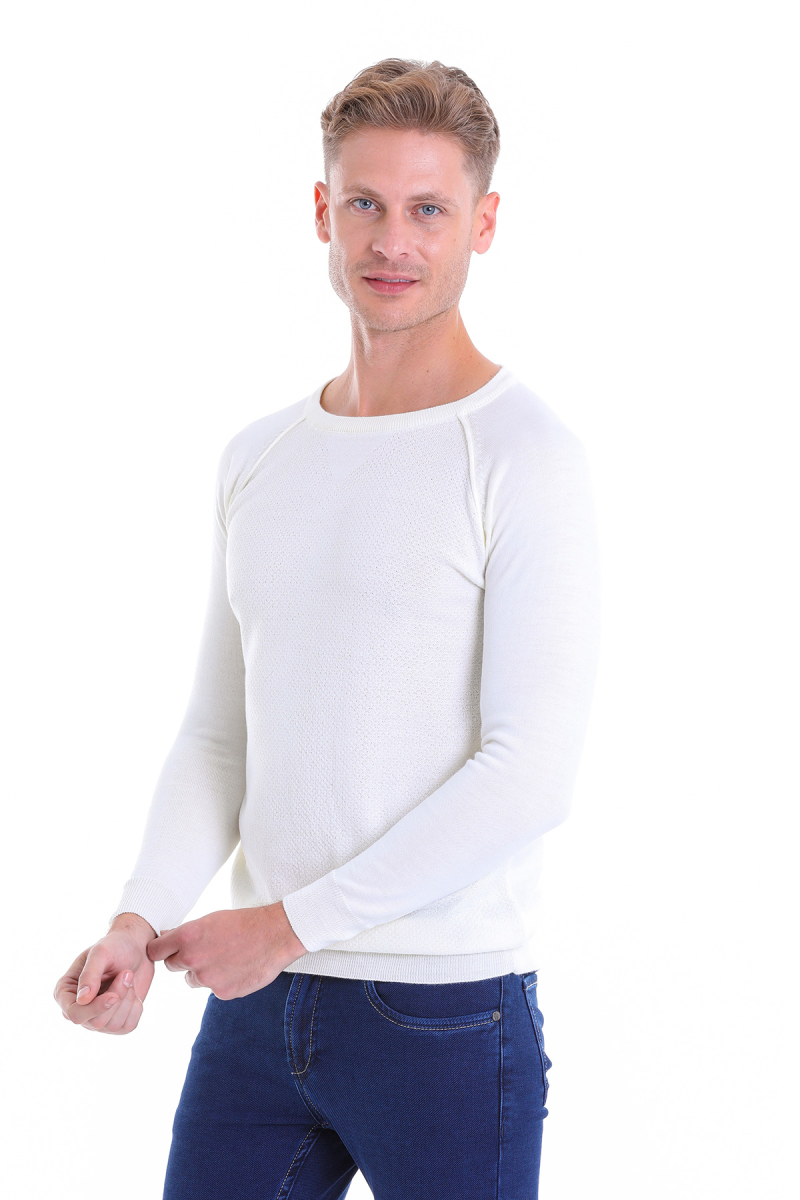 Ekru Regular Fit Desenli Bisiklet Yaka Yünlü Triko Kazak - Hatemoğlu (1)