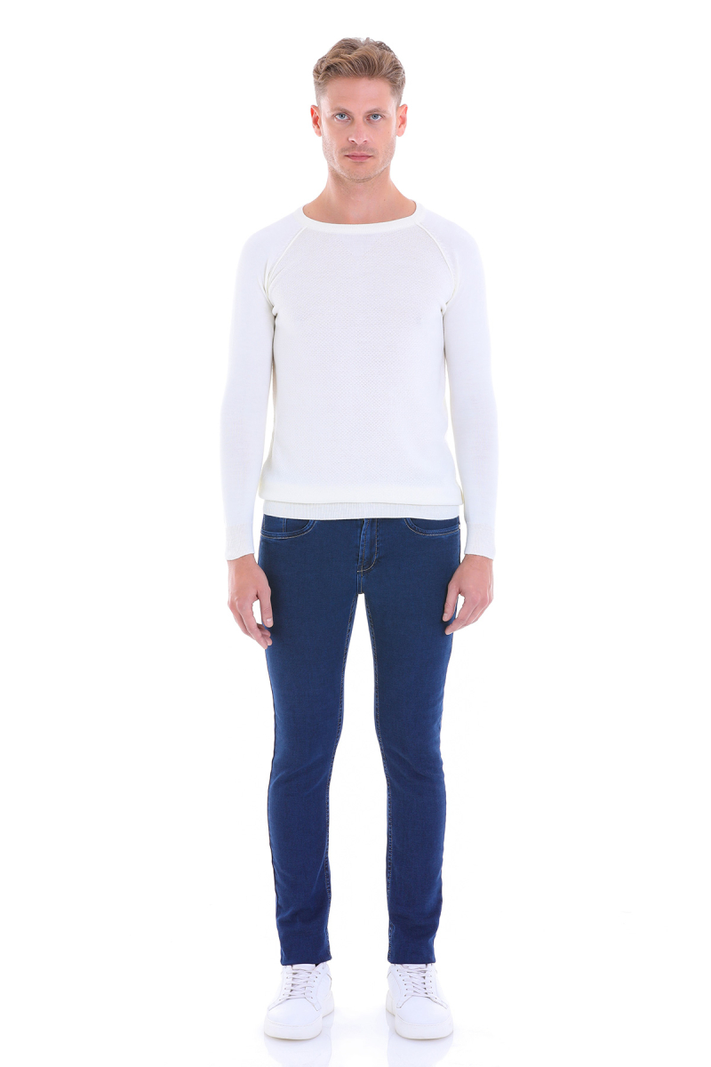 Ekru Regular Fit Desenli Bisiklet Yaka Yünlü Triko Kazak - Hatemoğlu (1)