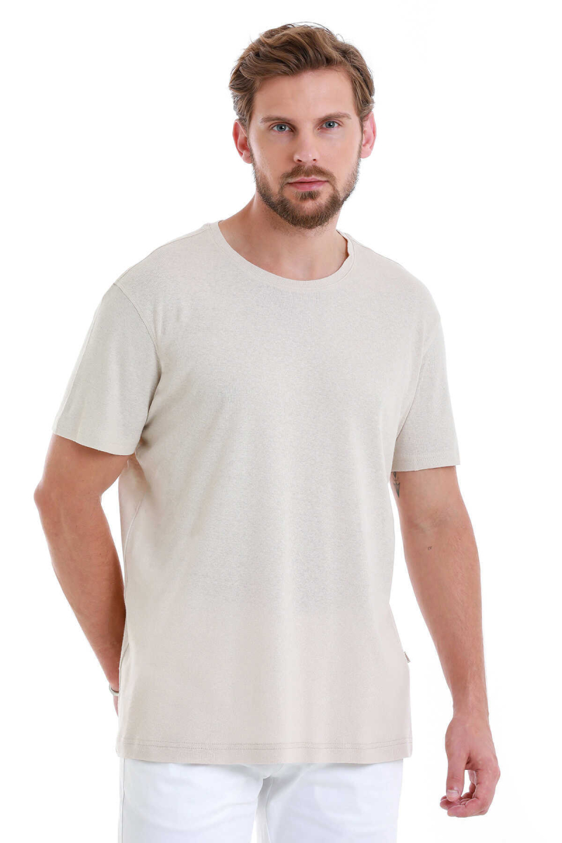 Ekru Regular Fit Bisiklet Yaka Keten Tişört - Hatem Saykı