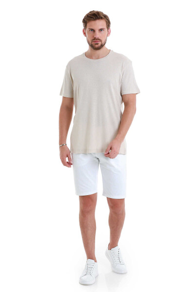 Ekru Regular Fit Bisiklet Yaka Keten Tişört - 2