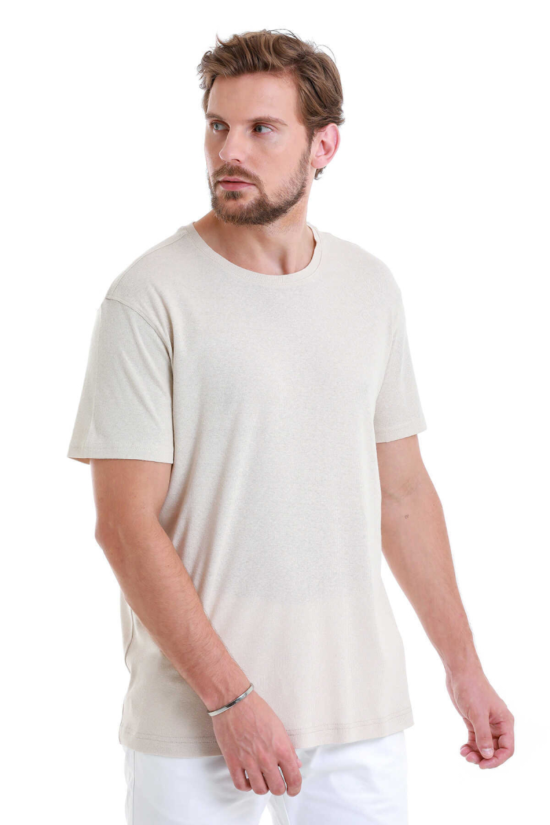 Ekru Regular Fit Bisiklet Yaka Keten Tişört - Hatem Saykı (1)