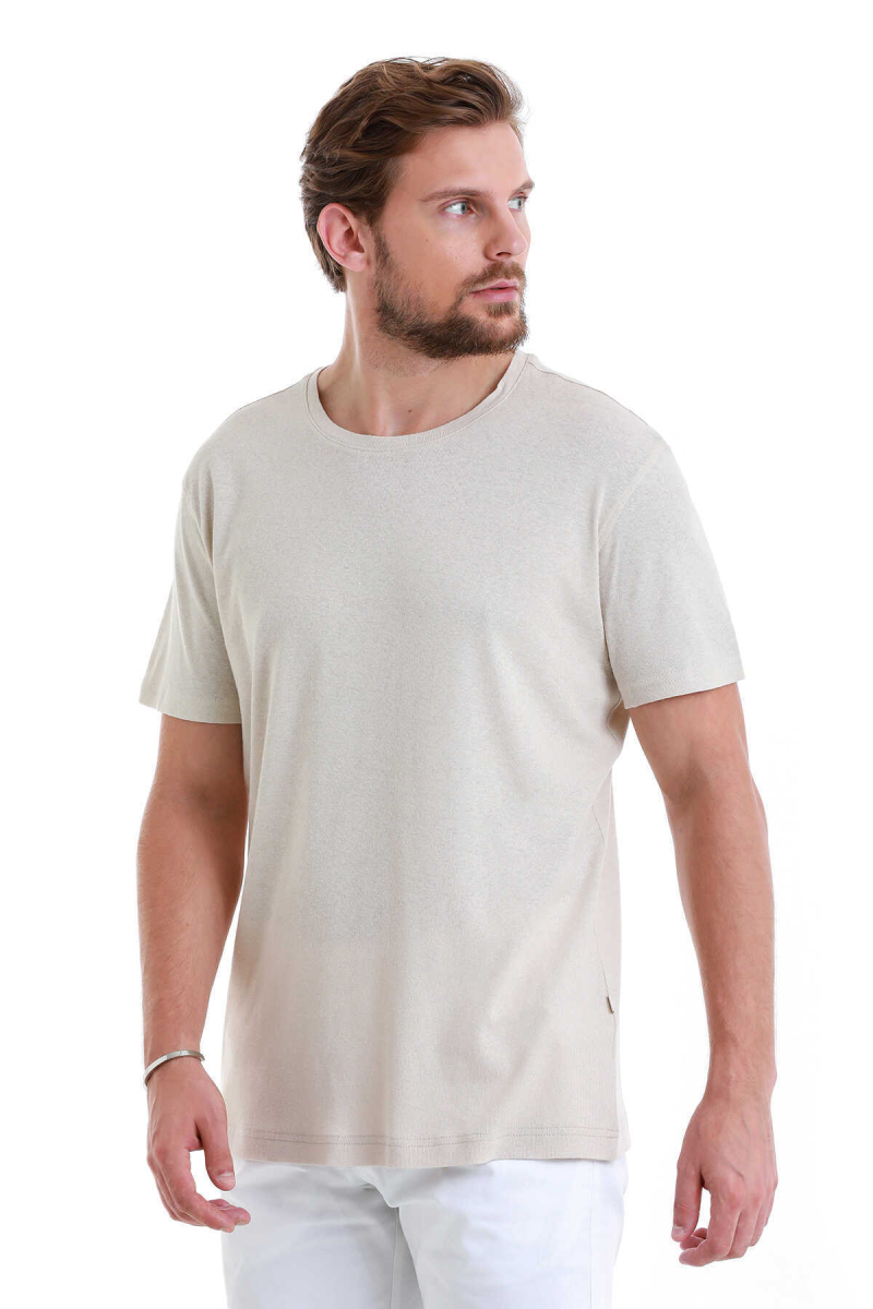 Ekru Regular Fit Bisiklet Yaka Keten Tişört - Hatem Saykı (1)