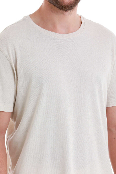 Ekru Regular Fit Bisiklet Yaka Keten Tişört - 5
