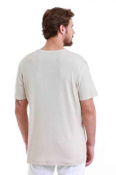 Ekru Regular Fit Bisiklet Yaka Keten Tişört - 6