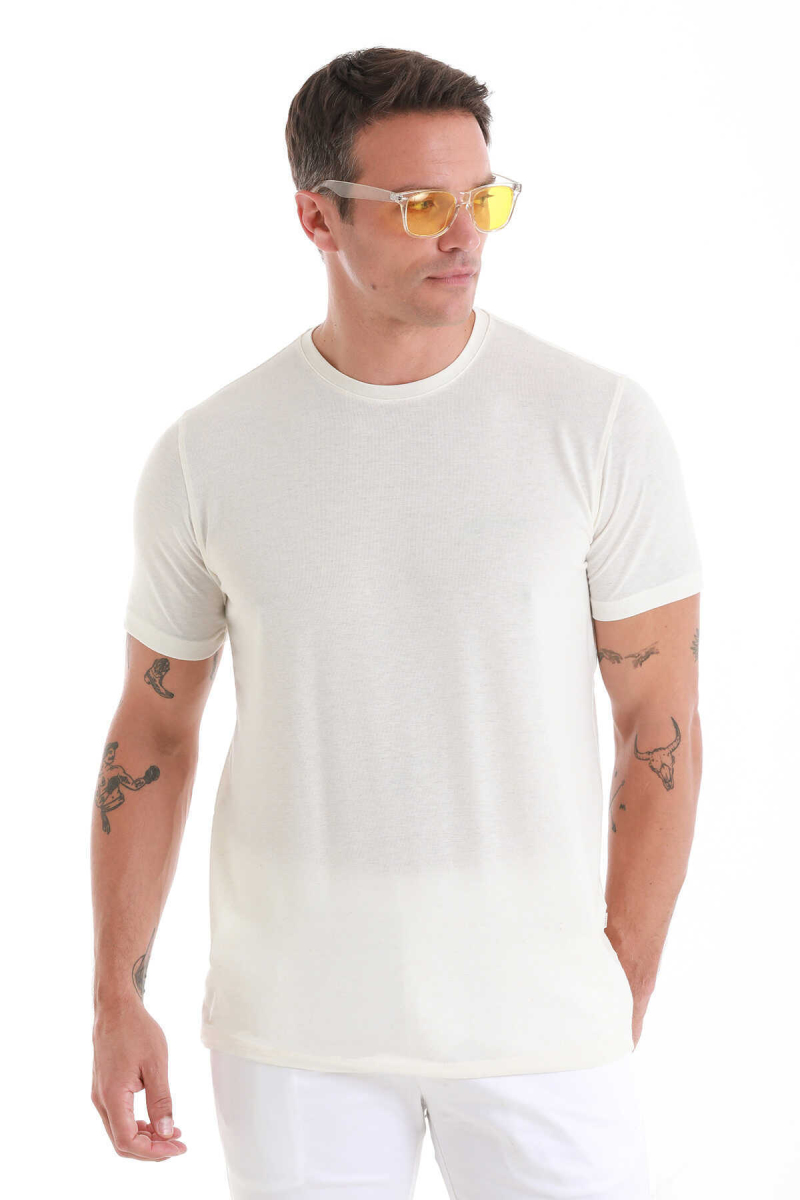 Ekru Regular Fit Bisiklet Yaka Keten Tişört - Hatem Saykı (1)