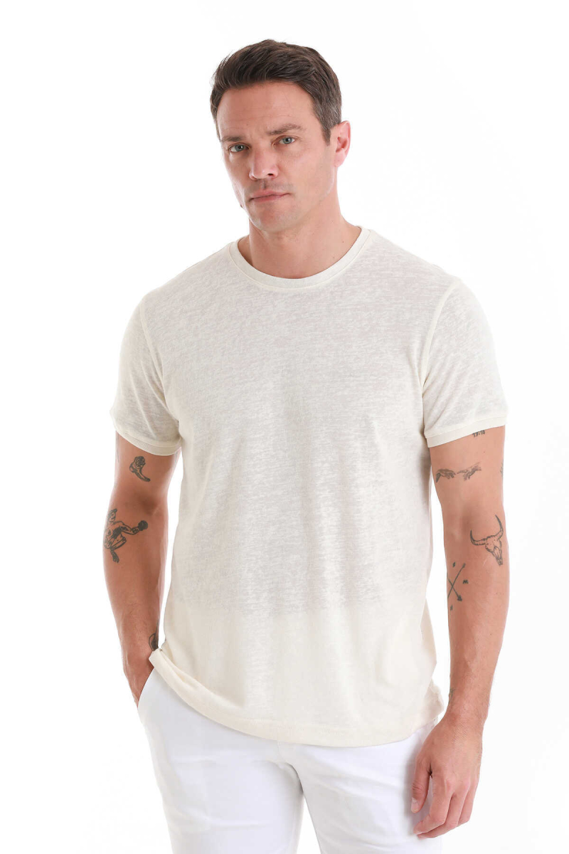 Ekru Regular Fit Bisiklet Yaka Pamuklu Tişört - Hatem Saykı