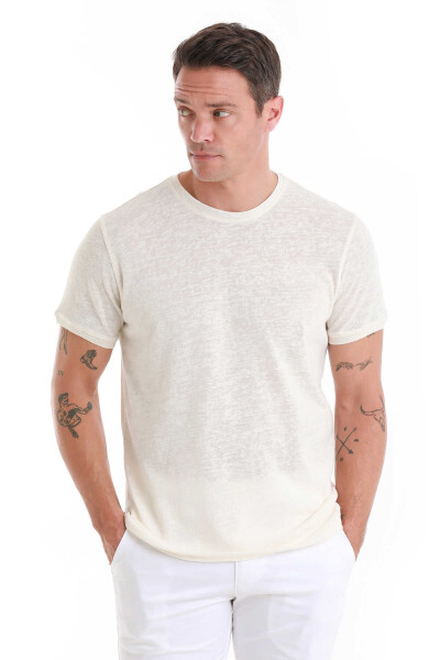 Ekru Regular Fit Bisiklet Yaka Pamuklu Tişört - 4