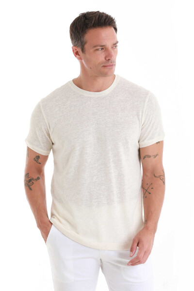 Ekru Regular Fit Bisiklet Yaka Pamuklu Tişört - 5