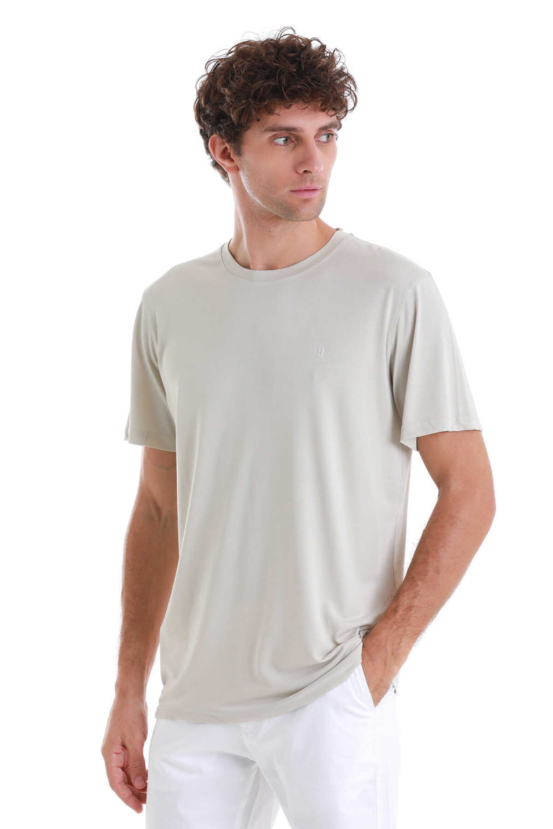 Ekru Regular Fit Bisiklet Yaka Tişört - Hatem Saykı (1)