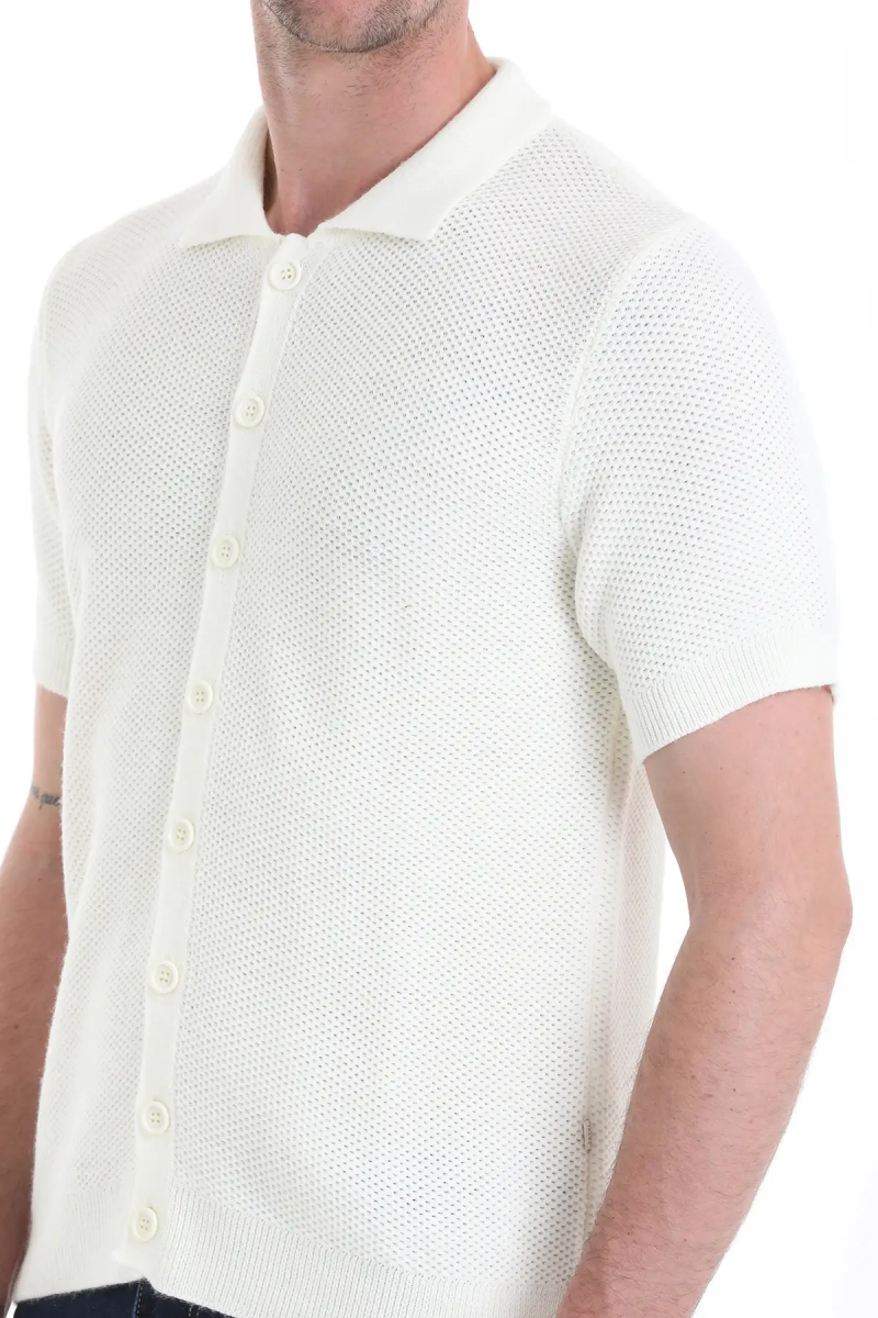 Ekru Regular Fit Düğmeli Kısa Kollu Triko Hırka - Hatem Saykı (1)