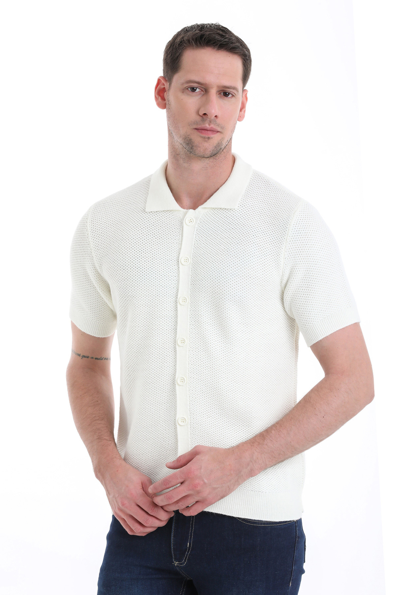 Ekru Regular Fit Düğmeli Kısa Kollu Triko Hırka - Hatem Saykı