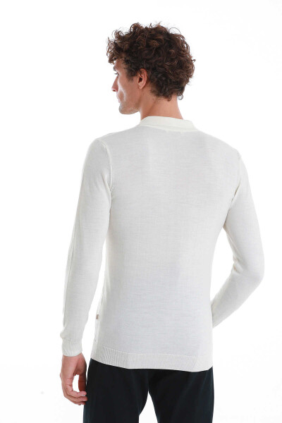 Ekru Regular Fit Fermuarlı Jakarlı Polo Yaka Yünlü Triko Kazak - 7