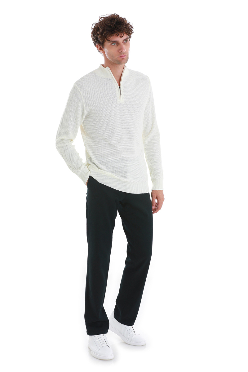 Ekru Regular Fit Jakarlı Yarım Balıkçı Yaka Fermuarlı Yünlü Triko Kazak - Hatemoğlu (1)