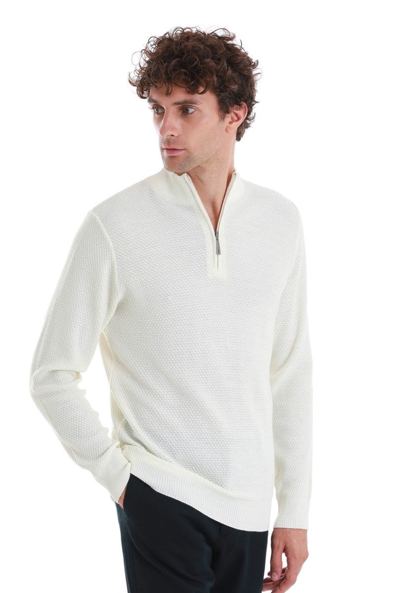 Ekru Regular Fit Jakarlı Yarım Balıkçı Yaka Fermuarlı Yünlü Triko Kazak - Hatemoğlu (1)