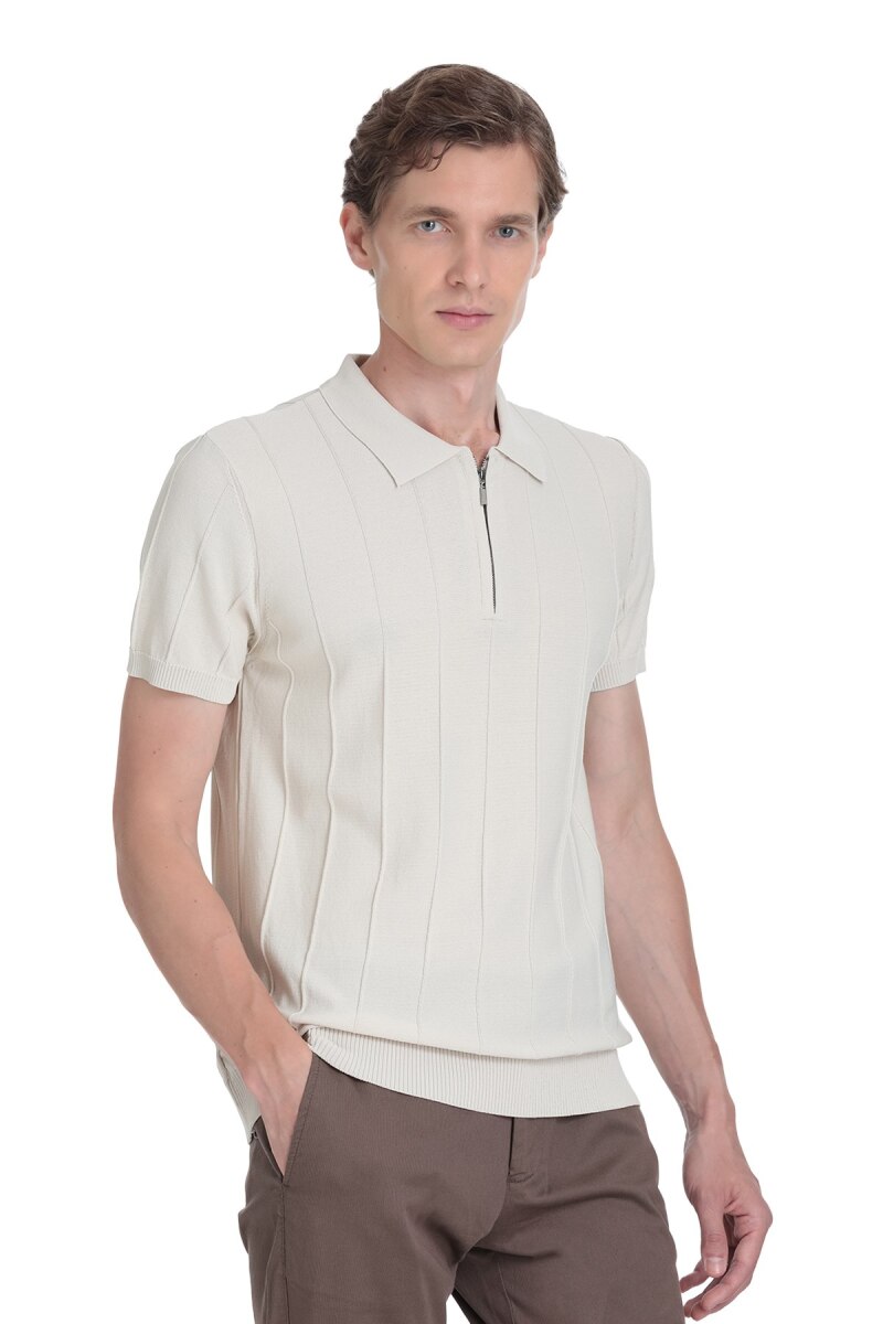 Ekru Regular Fit Polo Yaka Rayon Tişört - Saykı