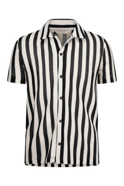 Ekru Çizgili Regular Fit Polo Yaka Kısa Kollu Gömlek - 5