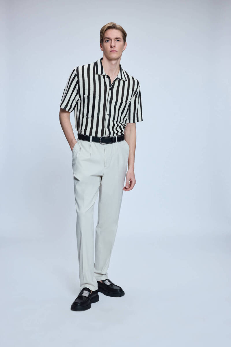 Ekru Çizgili Regular Fit Polo Yaka Kısa Kollu Gömlek - Saykı (1)